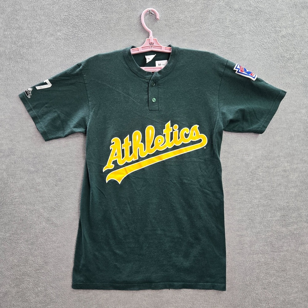Athletics Boys Shirt M Green Majestic Del Lago 7 Patch Henley Short Sleeve Logo